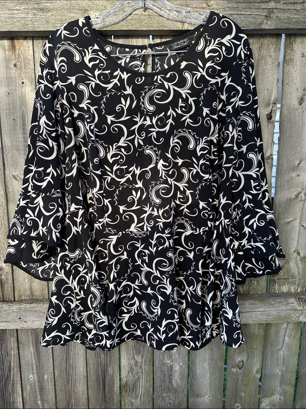 Catherine’s Black & Cream Scroll-Print Women's Peplum-style Blouse